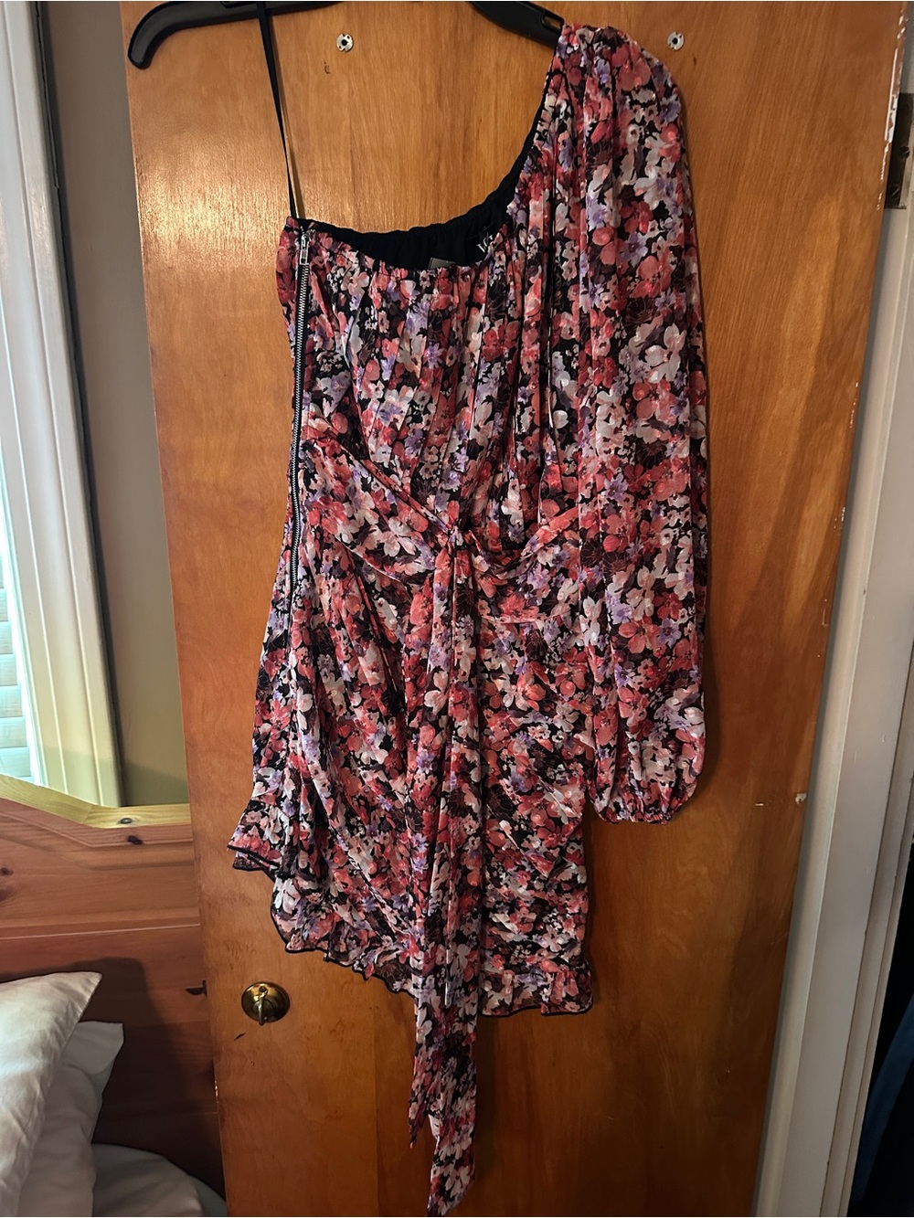 Vici One-Shoulder Floral Mini Dress in Pink, Black and White